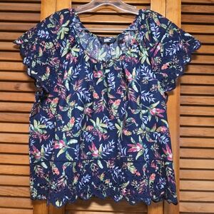 Land's End Embroidered Blouse Blue Floral Eyelet Trim Women’s Size L Bohemian